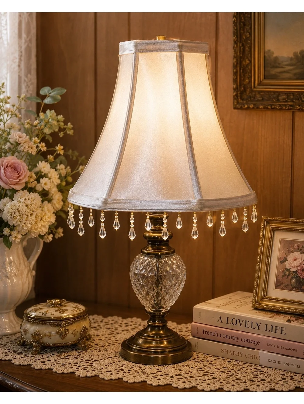 Vintage Ivory Satin Bell Lampshade Crystal Beaded Fringe 10” Hollywood Regency